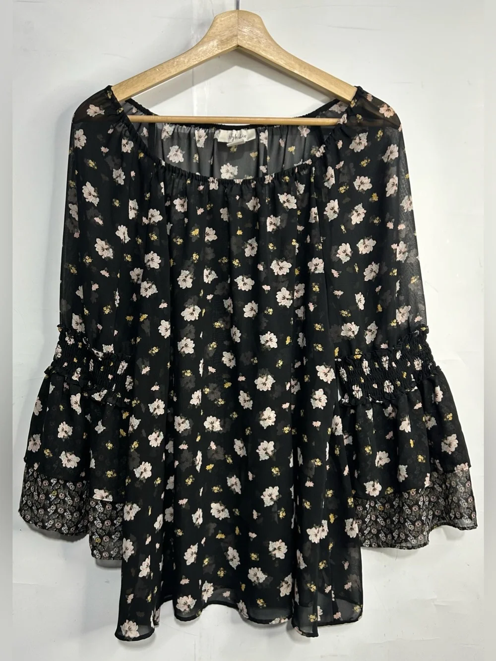 Style & Co. Floral Black Sheer Bell Sleeve Blouse Large